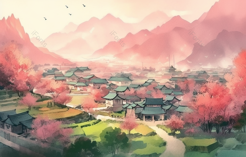 中国风粉色调村庄水墨画,插画/手绘图,插画/手绘图库,插画/手绘图下载,插画/手绘